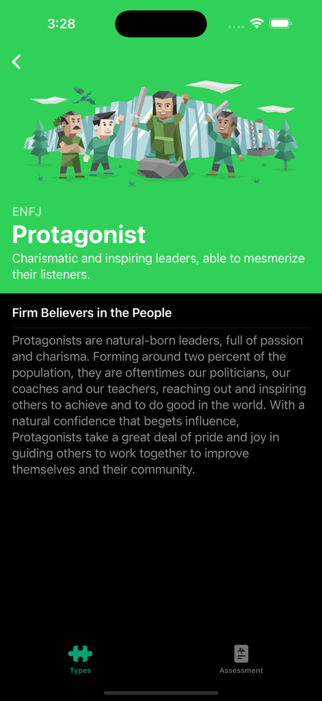 YourMyersBriggs - Detail view of the ENFJ Protagonist personality type in the YourMyersBriggs mobile app