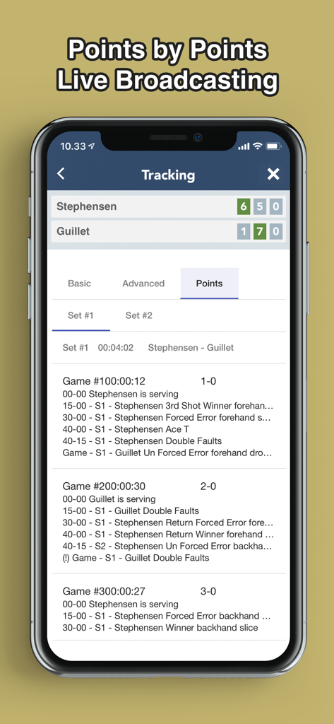 Tennis Match Tracker - Interfaz de la aplicación Rastreador de Partidos de Tenis mostrando un historial detallado de puntos por partido y la función de transmisión en vivo.