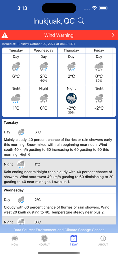 AltWeatherCAN - AltWeatherCANのスクリーンショット。レトロなデザインスタイルのケベック州イヌクジュアクの7日間天気予報と強風警報が表示されています。