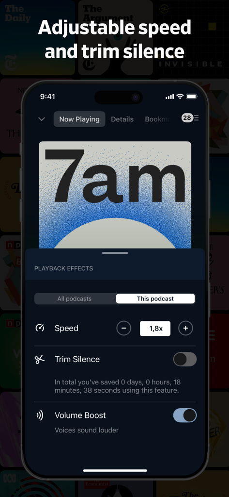 Pocket Casts app playback effects screen showing adjustable 1.8x speed and trim silence settings.
