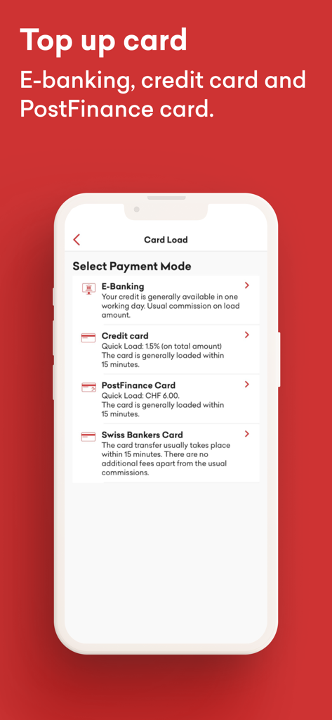 Swiss Bankers - Interface of the Swiss Bankers app showing payment methods to top up a prepaid card including e-banking and credit card.