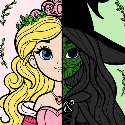 detailed realistic split of a princess and a witch