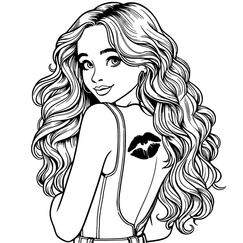 a beautiful woman looking like sabrina carpenter  with curtain bangs an long soft curled hair is wearing a jeans top with an open back. she stands a bit tilted looking to us with a soft smile. she has a lipstain on her back close to her left shoulder.