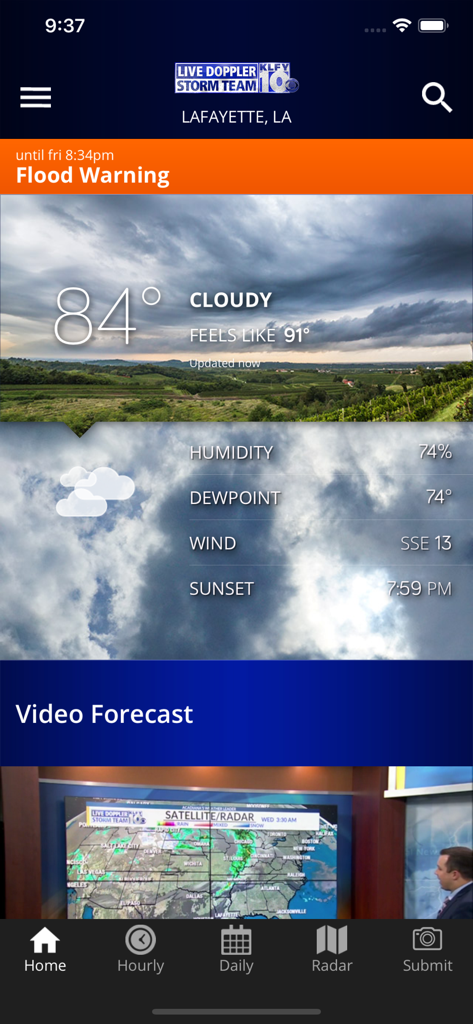 KLFY Forecast First and Radar - KLFY weather app home screen for Lafayette Louisiana with current temperature and flood warning