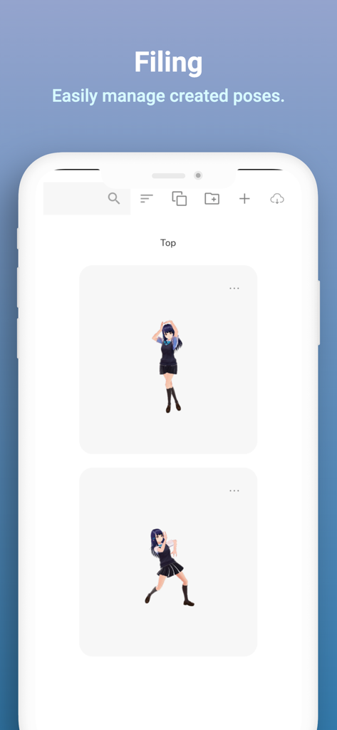 VRM Pose Filer - Captura de pantalla de la app VRM Pose Filer mostrando una lista de poses guardadas de personajes de anime 3D para una fácil gestión.