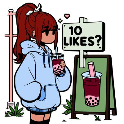 girl with oversized hoodie drinking boba and she has a high ponytail with a sign that says 10likes?