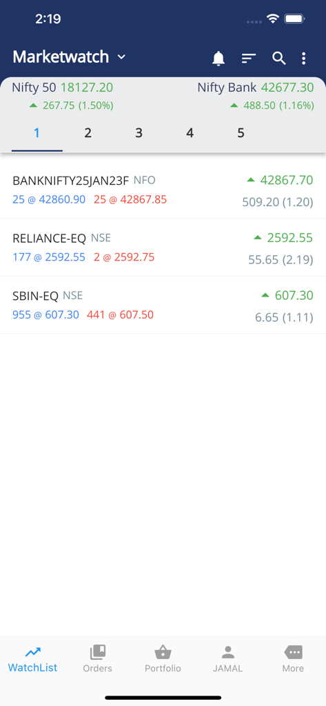MYNT Zebu - MYNT Zebu mobile app marketwatch screen displaying real time stock and index prices from the Indian market