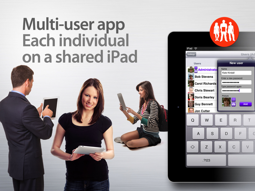 Promotional screen showing multiple user profiles on a shared iPad for Print n Share Pro