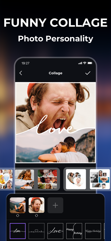 Photo Journey app interface showcasing the funny collage and photo personality editing tools.