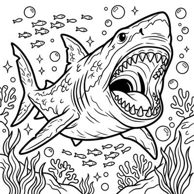 Unleash the power of the ancient ocean with this exciting Megalodon shark coloring page. Kids will love coloring the fierce predator with its open jaws and surrounding sea life.