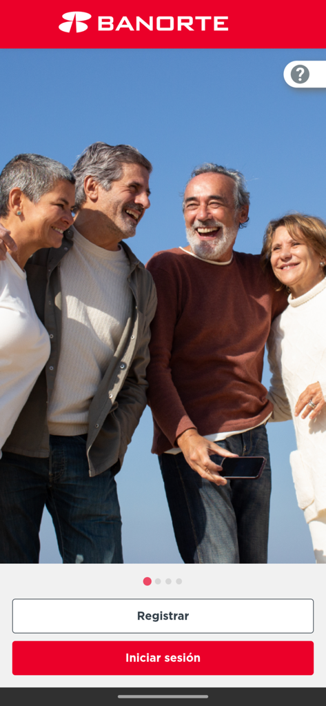 Pensiones Banorte app welcome screen showing a group of happy senior citizens with buttons for registration and login