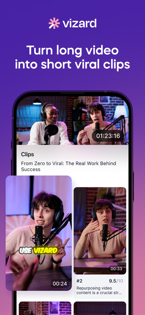 Vizard app interface showing how to turn long videos into short viral clips for social media