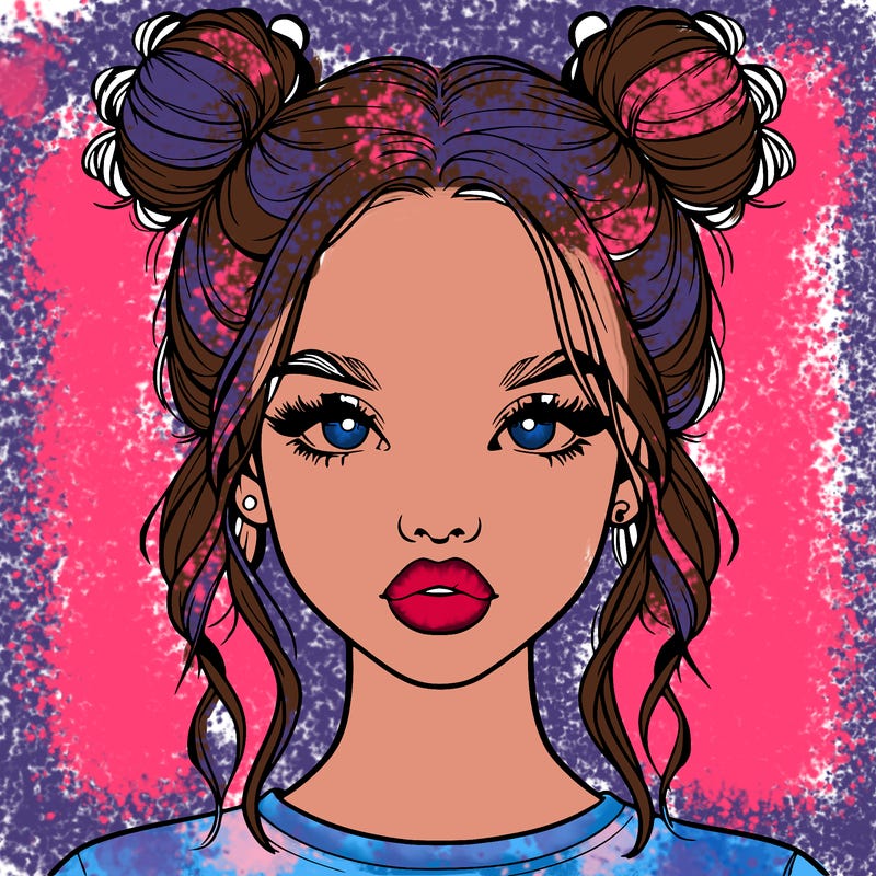 realistic girl with two buns in hair and lips