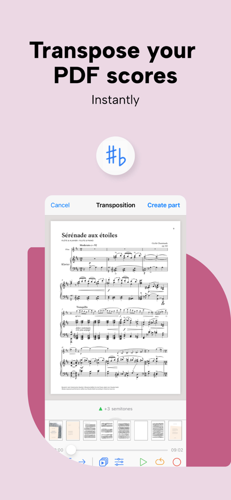 Newzik: Sheet Music Reader - A screenshot of the Newzik app interface demonstrating the instant PDF sheet music transposition feature