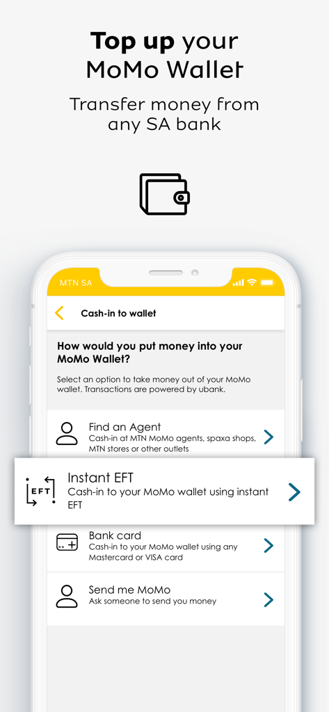 MTN MoMo SA - Pantalla de la aplicación MTN MoMo SA para recargar una billetera móvil que muestra opciones como EFT instantáneo y tarjetas bancarias