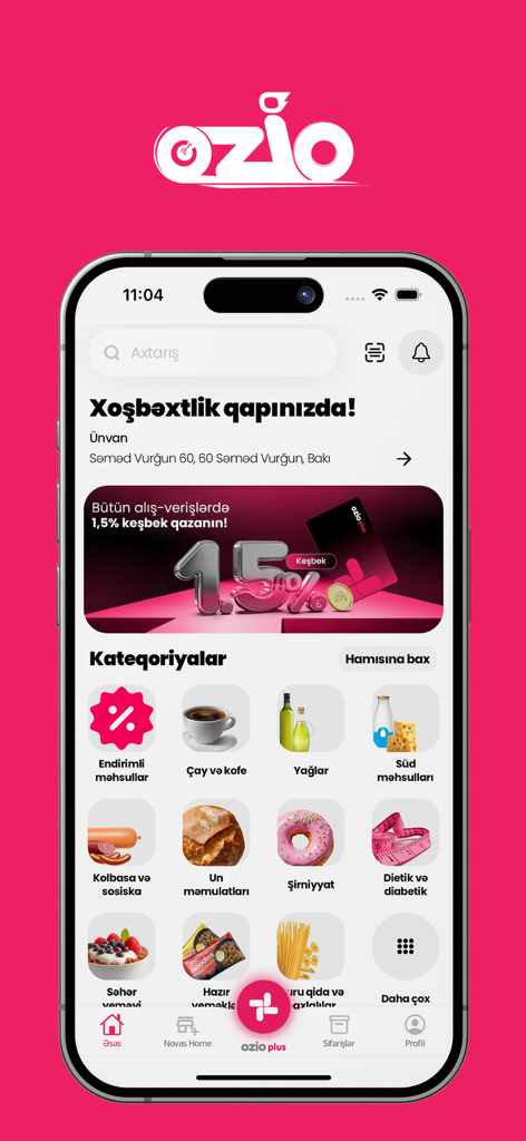 Ozio | Market. Cashback card. - Ozio market app home screen showing grocery categories and cashback rewards banner