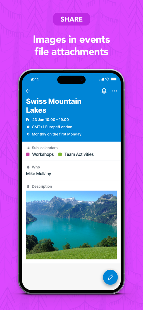 A Teamup Calendar event detail screen featuring a mountain lake photo as a file attachment.