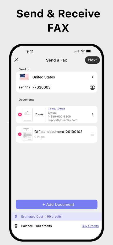 Interfaz de la aplicación Doc Scan para enviar y recibir faxes en un iPhone.