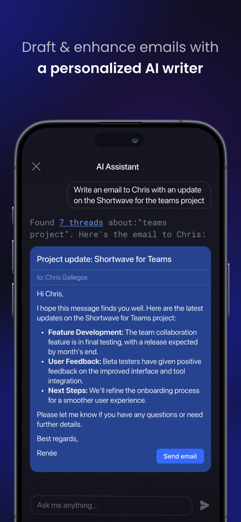 Shortwave - AI Email - Shortwave AI Assistant interface on an iPhone drafting a professional project update email with bullet points and a send button.
