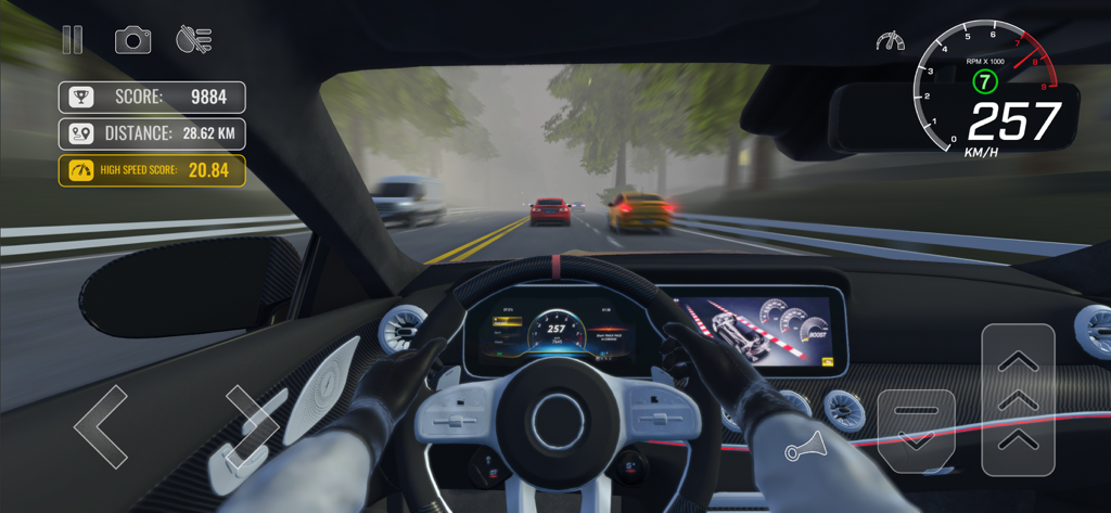 Traffic Racer Pro: Car Racing - Visão interior em primeira pessoa de um carro dirigindo em tráfego de estrada em alta velocidade.