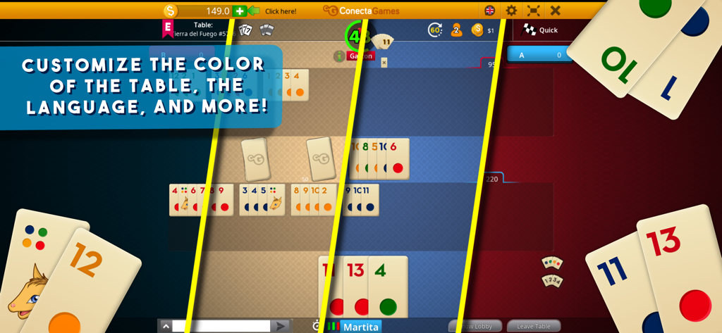 Burako - Customizable table colors and language settings in the Burako game app interface.
