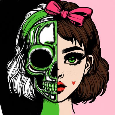 realistic girl with half skull mask