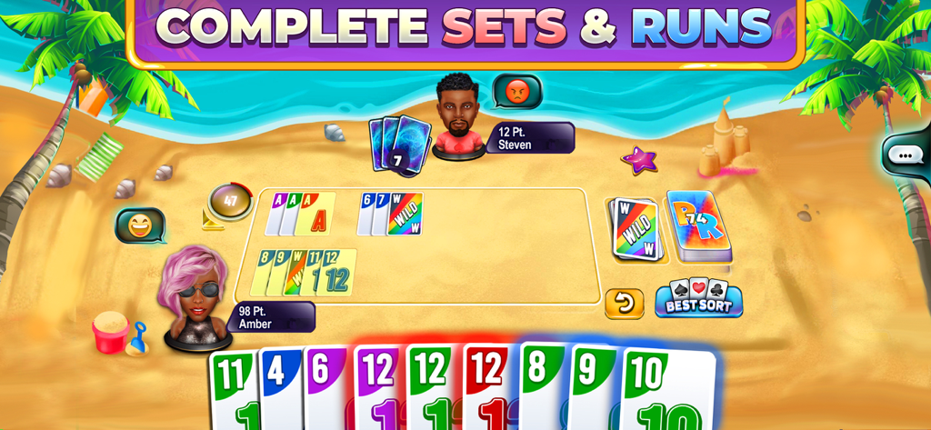 Rummy Rush - Classic Card Game - Rummy Rush card game interface showing players competing on a beach background with sets and runs.