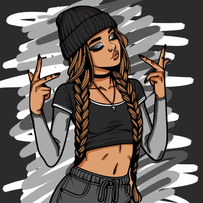 realistic teenage girl with braids and a beanie and crop top doing 🫶🏼