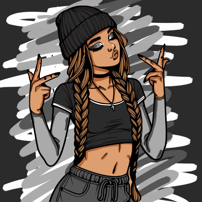 realistic teenage girl with braids and a beanie and crop top doing 🫶🏼