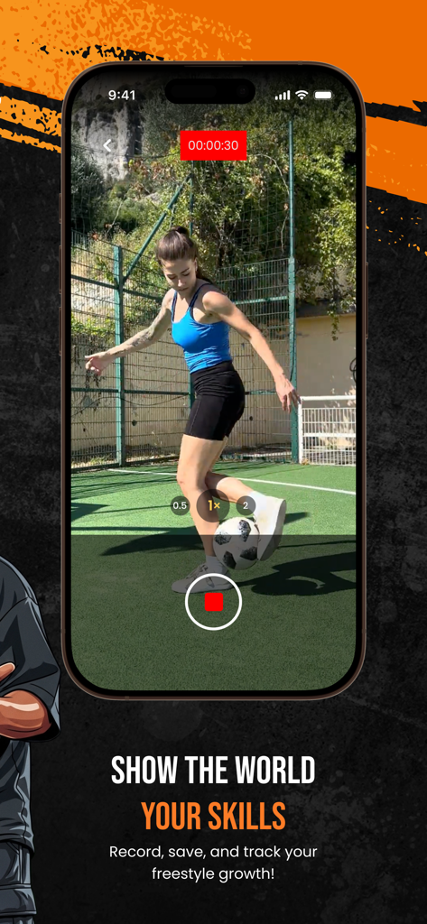 R10 Ronaldinho Playground - A woman recording her soccer freestyle skills in the R10 Ronaldinho Playground mobile app