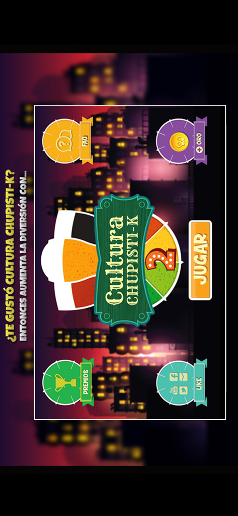 Main menu screen of Cultura Chupistica Fiesta 2 party game featuring a play button and city skyline background.