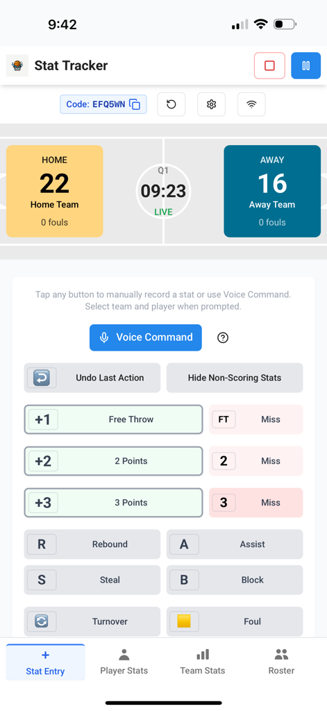 Basketball Stats Tracker - App - Basketball Stats Tracker app interface for live game scoring and stat entry