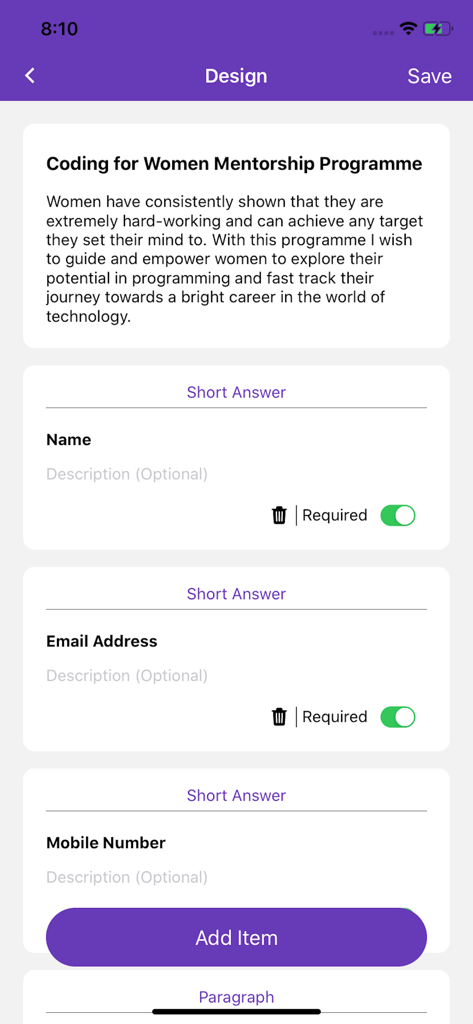 Tela do aplicativo móvel mostrando o design e a criação de um Google Form personalizado para um programa de mentoria.