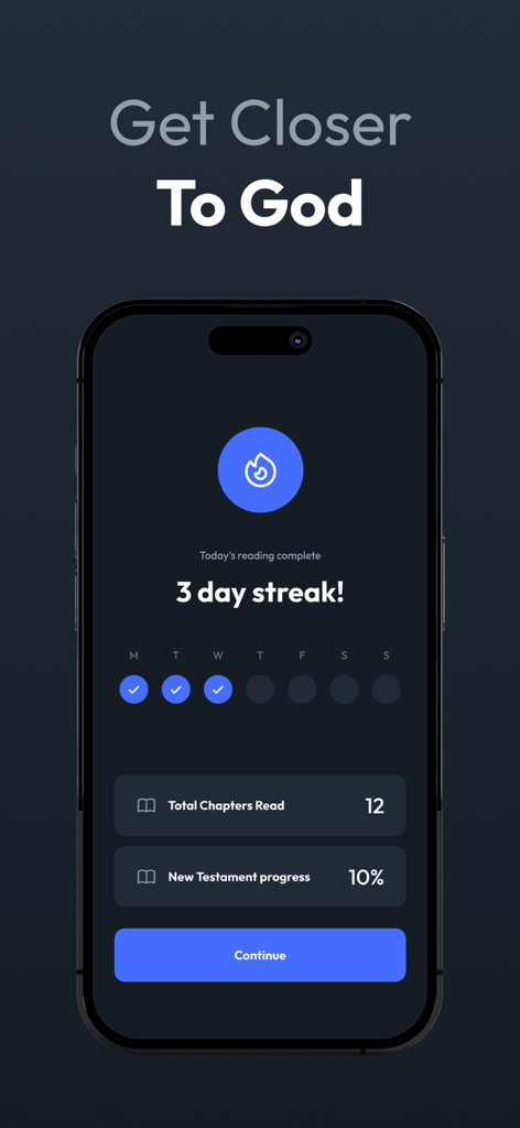 Interface of the Bedtime Bible app showing a three day streak and Bible reading progress tracking