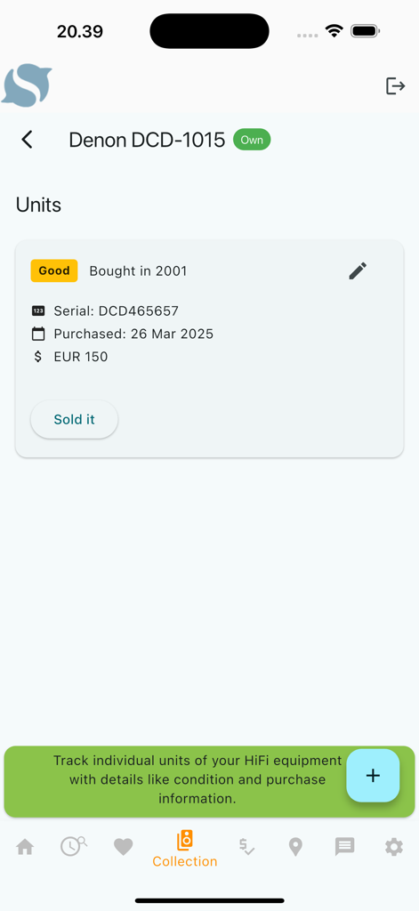 Hifishark Companion - Hifishark Companion app interface showing HiFi equipment tracking with condition and serial number details