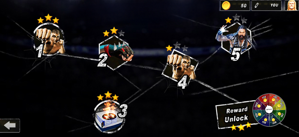 PRO Wrestling : Super Fight 3D - Level selection screen in a pro wrestling game showing various match stages and a reward unlock wheel