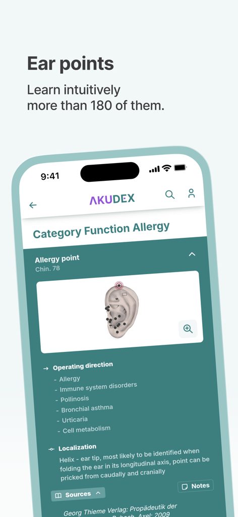 AKUDEX Acupuncture - Anatomisches Diagramm von Ohr-Akupunkturpunkten in der AKUDEX-App für Allergiebehandlungskategorien
