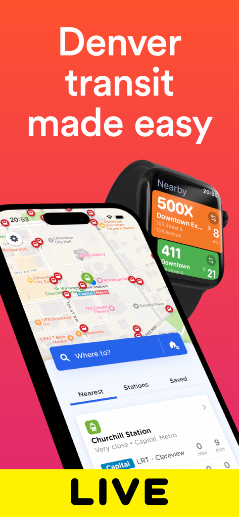 Denver Transit: RTD Bus TImes - Denver Transit app interface on iPhone and Apple Watch showing live RTD bus and rail arrivals