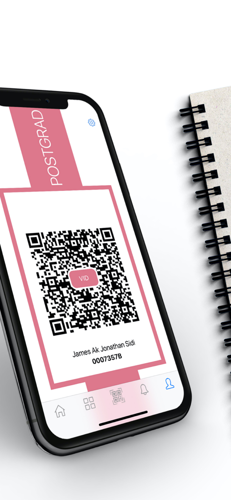 A smartphone displaying a postgraduate digital identification QR code within the UNIMAS Now university app