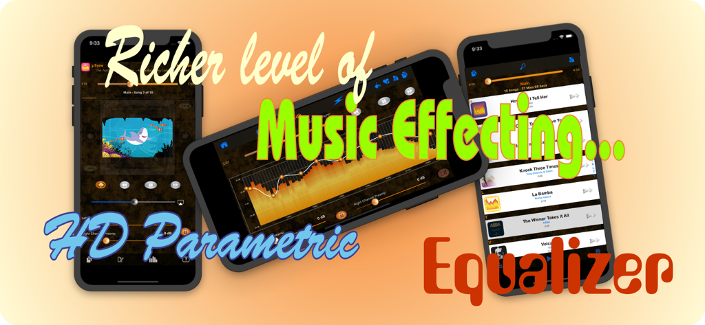 HD Music Parametric Equalizer - Three mobile phone screens displaying the HD Music Parametric Equalizer app interface including a frequency graph and playlist