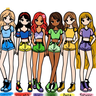 a group of girls wearing crop tops and shorts
