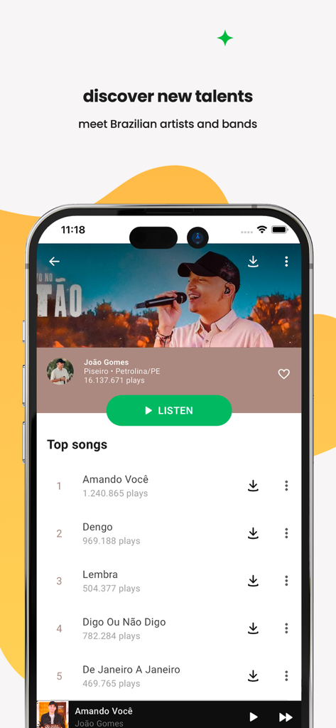 Interfaz de la aplicación Palco MP3 mostrando el perfil de un artista para descubrir música brasileña independiente