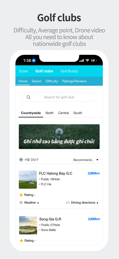 Smartscore-Golf Portal Service - Smartscore golf portal app displaying a list of nationwide golf clubs with search and filter options