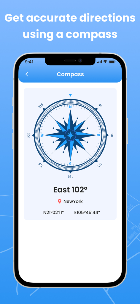 Digital compass interface with direction and GPS coordinates