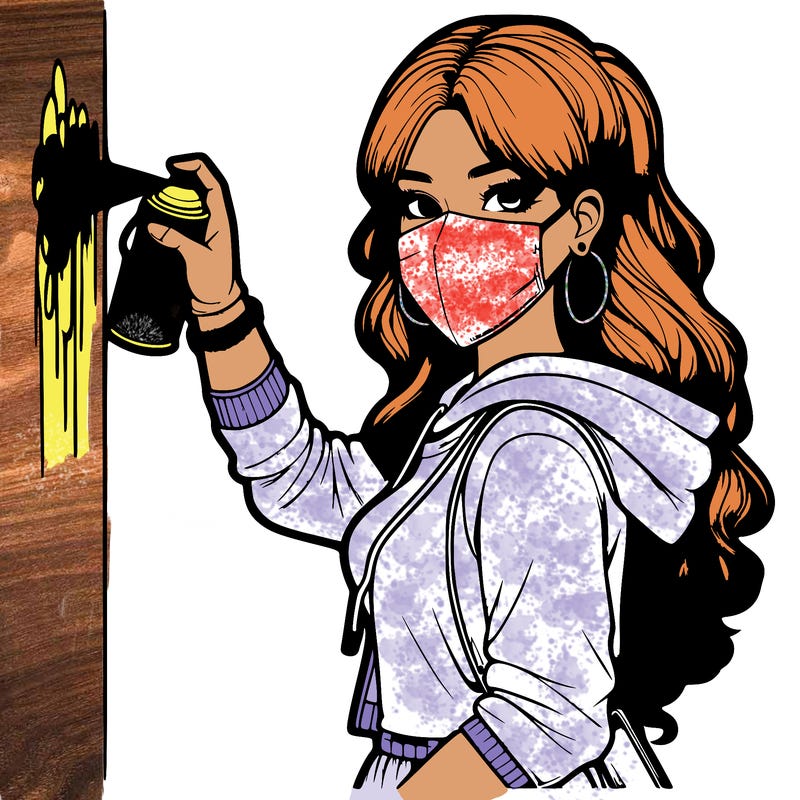 realistic girl with mask spray painting a wall