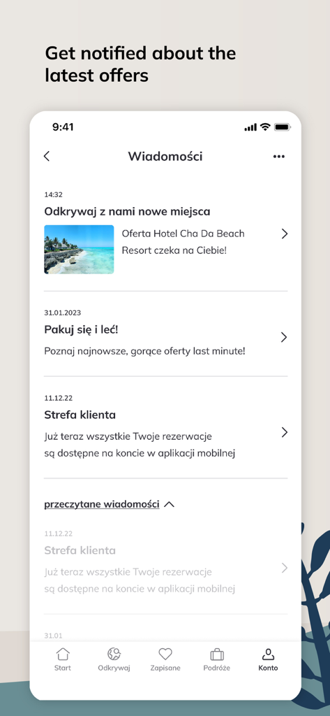 A mobile phone screen displaying the messages and notifications section of the Itaka travel app with travel offers and customer zone updates.