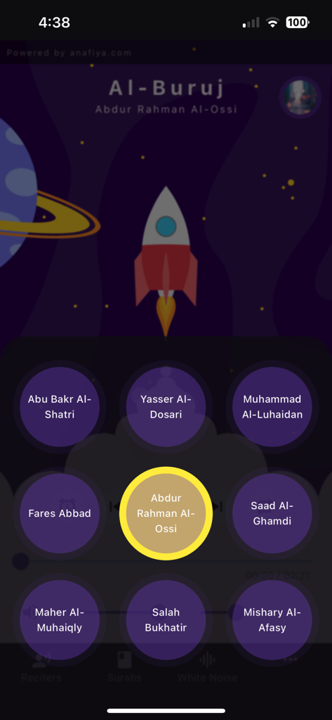 Quran White Noise - Baby Sleep - Interface of Quran White Noise app showing a list of famous Quran reciters like Mishary Al-Afasy and Abdur Rahman Al-Ossi over a space-themed background.