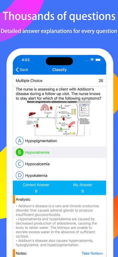 NCLEX RN Exam Expert - NCLEX RN practice question interface showing a medical diagram and detailed answer explanation for Addison disease