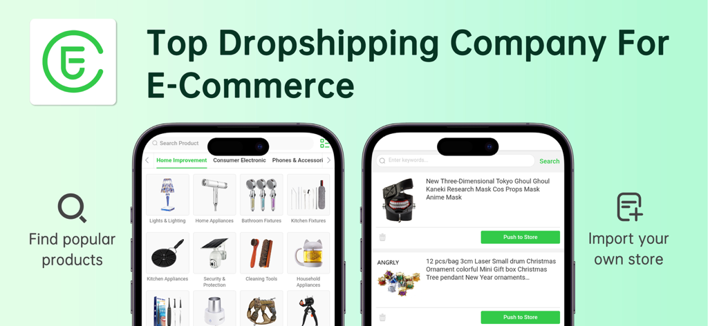 Interface do aplicativo móvel EPROLO para sourcing de produtos e integração de loja de e-commerce.