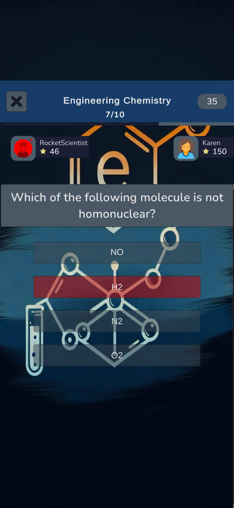 Chemistry Knowledge Quiz - Tela de jogo multijogador no aplicativo Quiz de Conhecimentos de Química mostrando uma questão de química e avatares de jogadores.